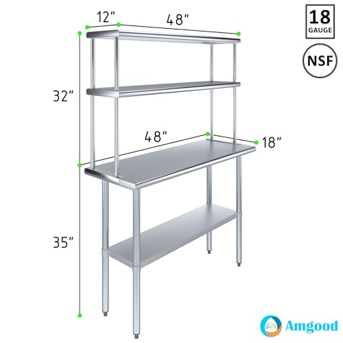 Stainless Steel Work Table Double Tier Overshelf 18" x 48" Work Table + 12" Overshelf