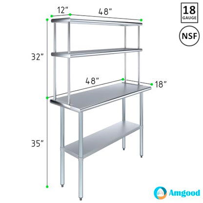Stainless Steel Work Table Double Tier Overshelf 18" x 48" Work Table + 12" Overshelf