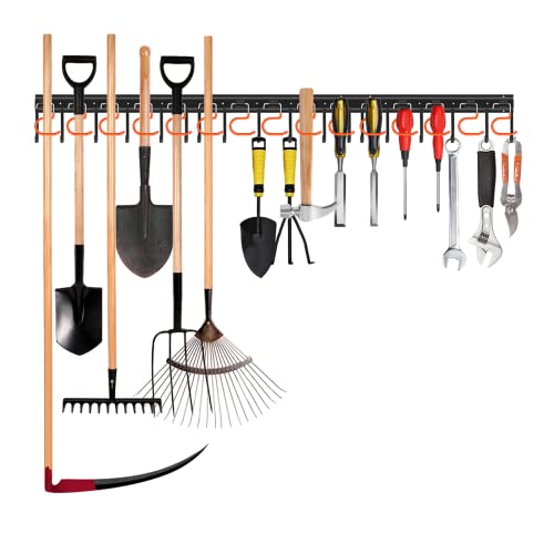 51'' All Metal Garden Tool Organizer Adjustable Garage Tool Organizer Wall Mount Garage Organizers and Storage with Heavy Duty Hooks Tool Hangers for Garage Wall