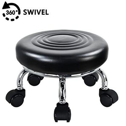 Modern Roller Seat PU Leather Foot Stool Low Round Rolling Stool 360° Step Stool Swivel Small Seat with Universal Wheels for Home Office Garage Shop Fitness Sport H：8.4" （Black）