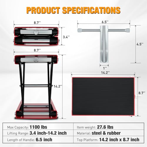 Motorcycle Lift Jack 1100 LBS Scissor Jack Stand Lift from 3.4" to 14.2" with Wide Deck Crank Handle Steel Scissor Hoist Garage Repair Lifter Table Jacks for Motorcycles ATV Dirt Bike