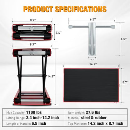 Motorcycle Lift Jack 1100 LBS Scissor Jack Stand Lift from 3.4" to 14.2" with Wide Deck Crank Handle Steel Scissor Hoist Garage Repair Lifter Table Jacks for Motorcycles ATV Dirt Bike