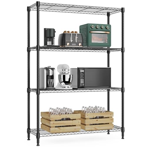 1000 lbs 4Tier Shelf Metal Storage Shelves Wire Rack Closet Organizers for Garage Kitchen Bathroom Laundry Black 13.7" D x 29.5" W x 47.2" H (4 Count)
