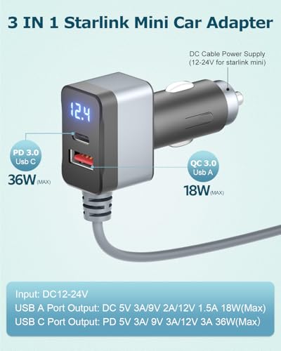 3 in 1 Starlink Mini Cable 12V Adapter 10FT Car Cigarette Lighter Adapter