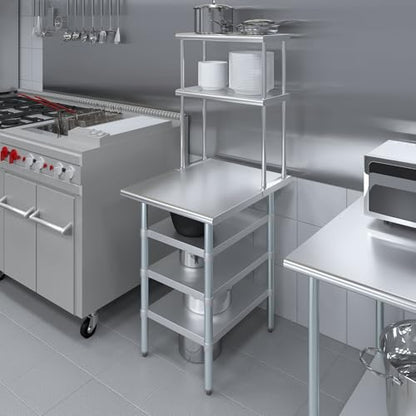 30" x 24" Stainless Steel Work Table with 3 Shelves and 12" Wide Double Tier Overshelf