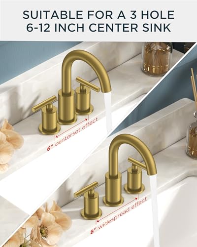 Bathroom Sink Faucet 3 Hole Brushed Gold 8 Inch Widespread