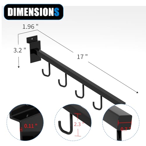 10-Pack 17-Inch Slatwall Waterfall Display Hooks with 5 J-Hooks – Black Slanted Arm Rack for Hanging Apparel, Bags & Accessories (25 Count)