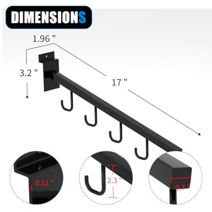 10-Pack 17-Inch Slatwall Waterfall Display Hooks with 5 J-Hooks – Black Slanted Arm Rack for Hanging Apparel, Bags & Accessories (25 Count)