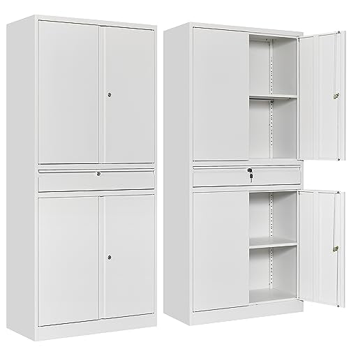 White Metal Storage Cabinet with Drawer and Locks
