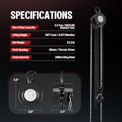 Hand Chain Hoist 2 Ton 4400 Lbs Capacity 10 Feet with 2 Hooks