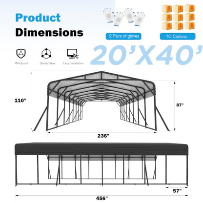 20X40 FT Heavy Duty Metal Carport Canopy with Triangle Frame Base
