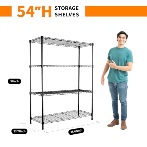 Heavy Duty Black 4 Tiers Steel 36x14x54 Wire Shelving NSF Certified. Adjustable Storage Rack for Kitchen