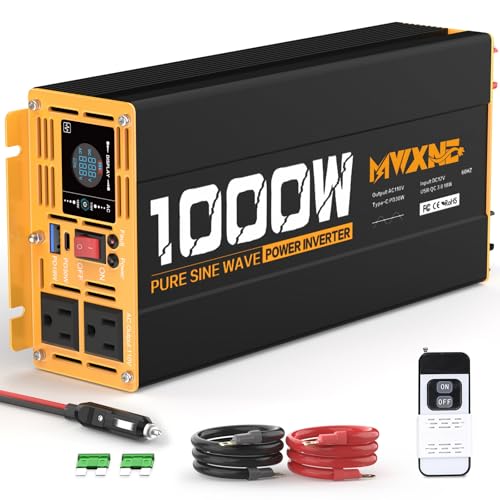 1000W Pure Sine Wave Power Inverter 12V DC to 110V 120V AC Converter with 2 AC Outlets