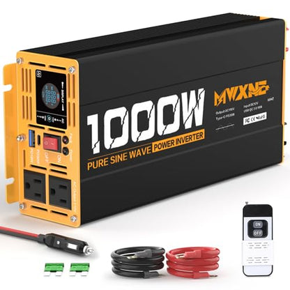 1000W Pure Sine Wave Power Inverter 12V DC to 110V 120V AC Converter with 2 AC Outlets