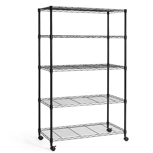 3/4/5-Tier Adjustable Height Wire Shelving Unit, Wire Rack Shelving, Metal Steel Storage Shelves, Garage Shelving Storage Organizer, Utility Storage Shelf, 5-Tier With Wheels, Black (5 Count)
