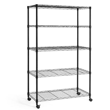 3/4/5-Tier Adjustable Height Wire Shelving Unit, Wire Rack Shelving, Metal Steel Storage Shelves, Garage Shelving Storage Organizer, Utility Storage Shelf, 5-Tier With Wheels, Black (5 Count)