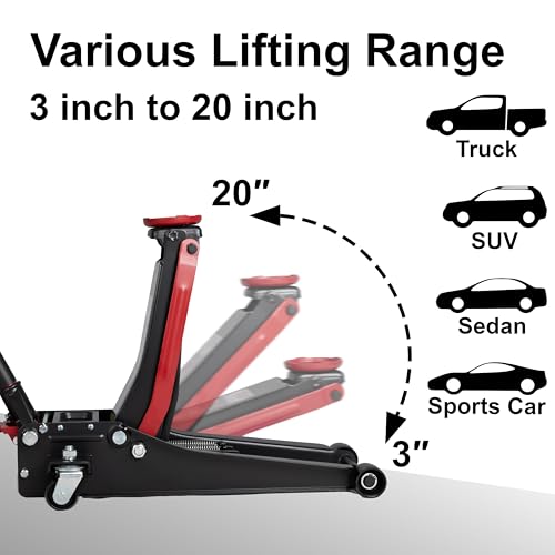 3-Ton (6600lbs) Low-Profile Dual Pistons Heavy-Duty Steel Racing Floor Jack with Quick Lift Hydraulic Pump, Foot Pedal and Magentic Pad for Car Maintenance