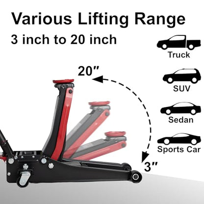 3-Ton (6600lbs) Low-Profile Dual Pistons Heavy-Duty Steel Racing Floor Jack with Quick Lift Hydraulic Pump, Foot Pedal and Magentic Pad for Car Maintenance