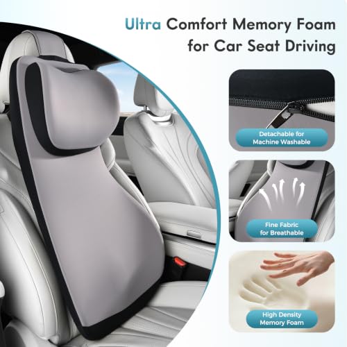 Memory Foam Lumbar Support and Headrest Pillow for Car Ergonomic Integrated Widened Design Head Neck Lumbar Support Breathable Washable Cushion for Car Truck Seat Long Driving Back Pain Relief