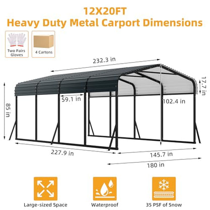 12 x 20 FT Metal Carport with Galvanized Steel Roof