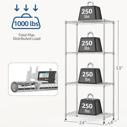 1000 lbs 4Tier Shelf Metal Storage Shelves Wire Rack Closet Organizers with Wheel for Garage Kitchen Bathroom Laundry Chrome 13.7" D x 23.6" W x 53.4" H (4 Count)