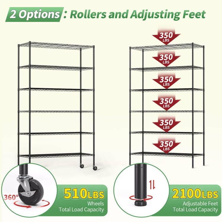 Storage Shelves 6 Tier Metal Shelves Adjustable Garage Shelving Wire Shelving Unit Capacity 2100LBS with Wheels for Kitchen