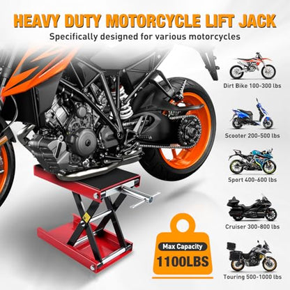 Motorcycle Lift Jack 1100 LBS Scissor Jack Stand Lift from 3.4" to 14.2" with Wide Deck Crank Handle Steel Scissor Hoist Garage Repair Lifter Table Jacks for Motorcycles ATV Dirt Bike