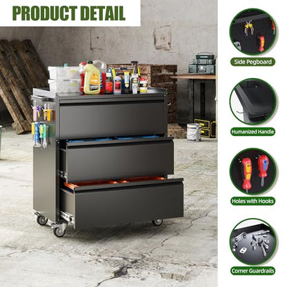 Garage Storage Cabinet with 3 Drawers and 4 Hooks