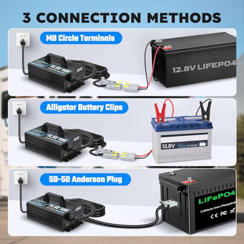 12V 40A Lithium Battery Charger 14.6V LiFePO4 Battery Charger for 12.8V LiFePO4 Lithium Deep Cycle Rechargeable Batteries 0V Wake Up 12 Volt Charger with 3 Connectors for RV