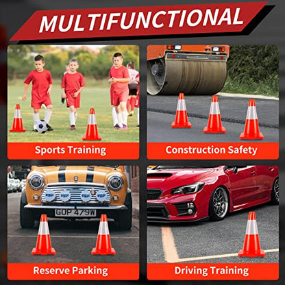 Traffic Cones 18 inch 12 Pack Safety Cones Orange with Reflective Collars Fit Parking Lot