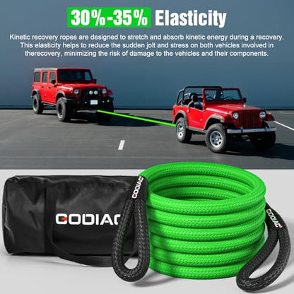 1" x30ft Kinetic Recovery Rope 46.5K lbs Heavy Duty Tow Strap Green