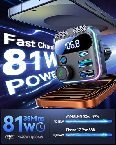 81W Bluetooth 6.0 Car Adapter Wireless FM Radio Transmitter