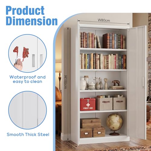 71 Inch White Metal Storage Cabinet with Locking Doors