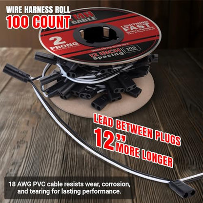 100 Count 2 Prong Wire Harness Roll Double Female Bullet Plug 18 Gauge (99 Foot)