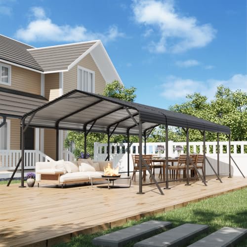 13x26 Metal Carport Heavy Duty Carport Canopy with Upgraded Triangular Reinforced Base Galvanized Steel Roof Car Port Garage Shelter for Vehicle Boat Tractor Storage Grey