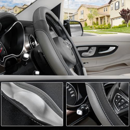 Black and Gray Microfiber Auto Car Steering Wheel Cover Universal 15 inch