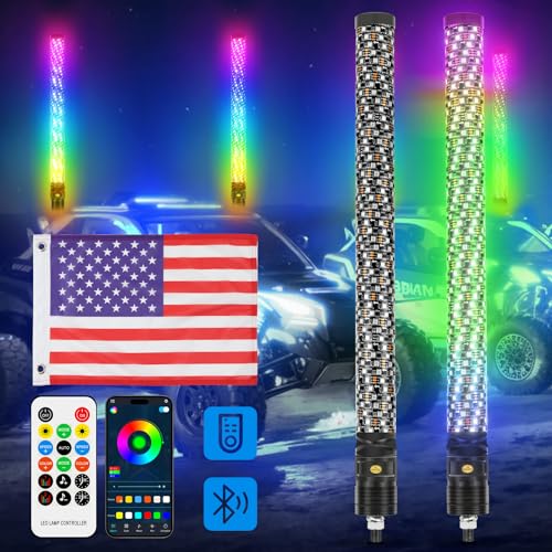 2PCS 2FT Fat Whip Lights 360°Spiral Chase Offroad Warning Lighted Antenna LED Whips Side by Side with Turn Signal Brake Reserving Lights for UTV ATV RZR Can (2 Count)