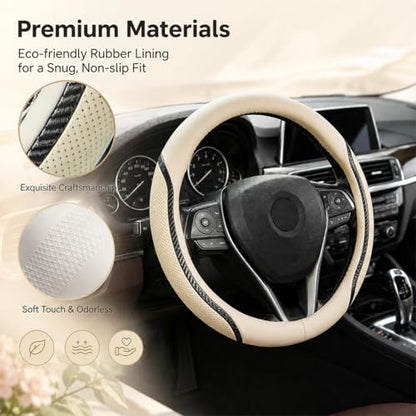 Beige Steering Wheel Cover with Coasters Leather Universal 15 inch