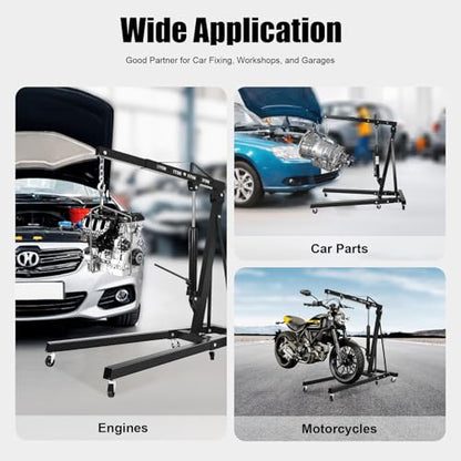 Folding Engine Crane 2 Ton Folding Engine Hoist 4400lbs Crane Hoist Lift with 6 Iron Caster Wheels for Garage