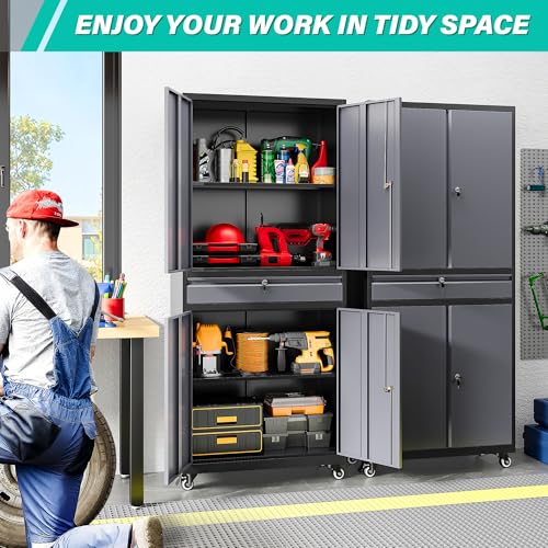 Metal Garage Storage Cabinet with Wheels and Drawer