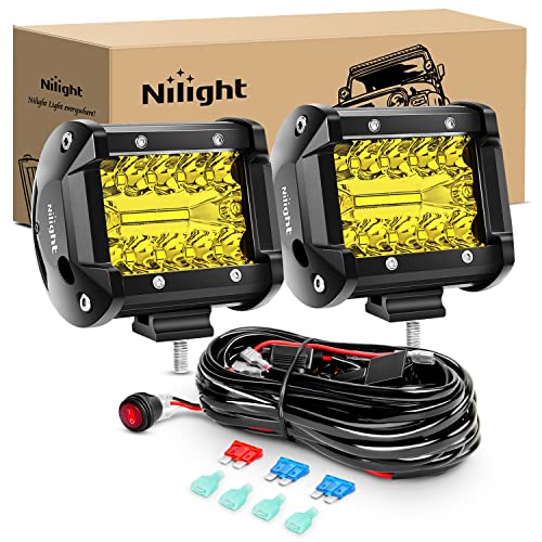 2PC 4Inch Yellow Led Pods Triple Row 60W Flood Spot Combo Driving Fog Lights with 16AWG Switch Wiring Harness Kit (2 Count)