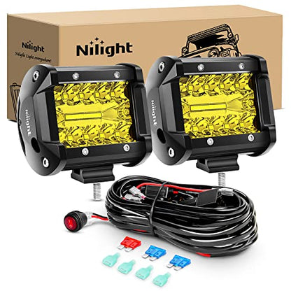 2PC 4Inch Yellow Led Pods Triple Row 60W Flood Spot Combo Driving Fog Lights with 16AWG Switch Wiring Harness Kit (2 Count)