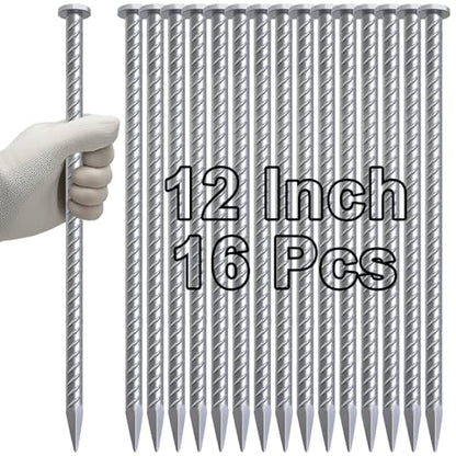 Rebar Stakes 12 Inch Galvanized Metal Steel Ground Spikes Heavy Duty (16 Count)