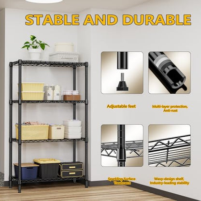 1000 lbs 4 Tier Shelf Metal Storage Shelves Shelving Wire Rack Heavy Duty Closet Organizers for Garage Kitchen Bathroom Laundry Black 13.8" D x 35.4" W x 59.5" H (4 Count)
