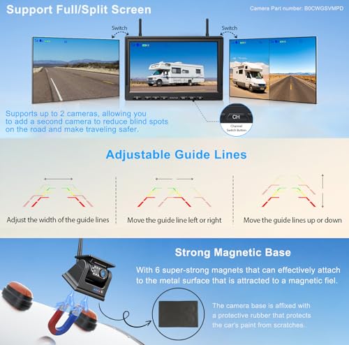 Magnetic Solar Wireless Backup Camera HD 1080P 10" DVR Monitor