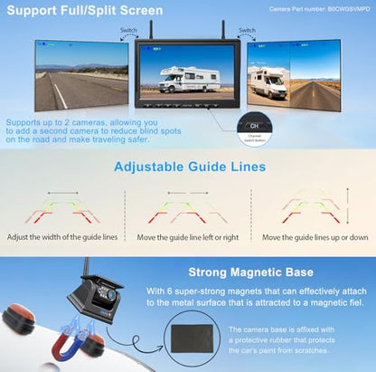 Magnetic Solar Wireless Backup Camera HD 1080P 10" DVR Monitor