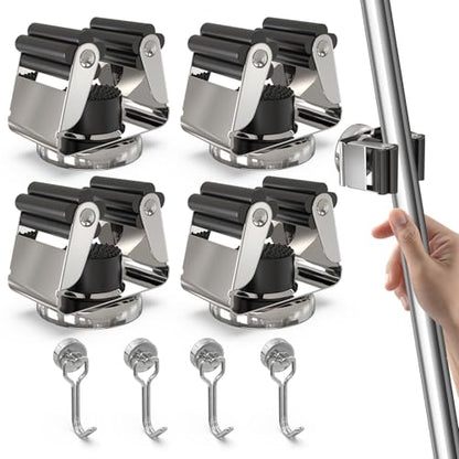 4 Pack Magnetic Broom Holder with 4 Pack Mini Magnetic Hooks (4 Count)
