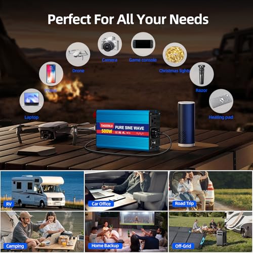 500W Pure Sine Wave Power Inverter 12V DC to 110V 120V AC for Vehicles
