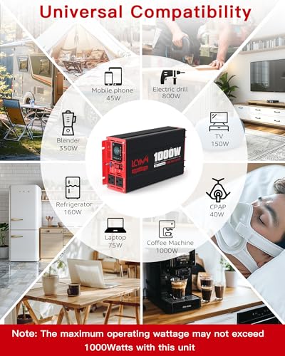 1000 Watts Pure Sine Wave Power Inverter 12V DC to 110V 120V AC Converter for Home RV Off Grid Truck Solar System Inverters with Type