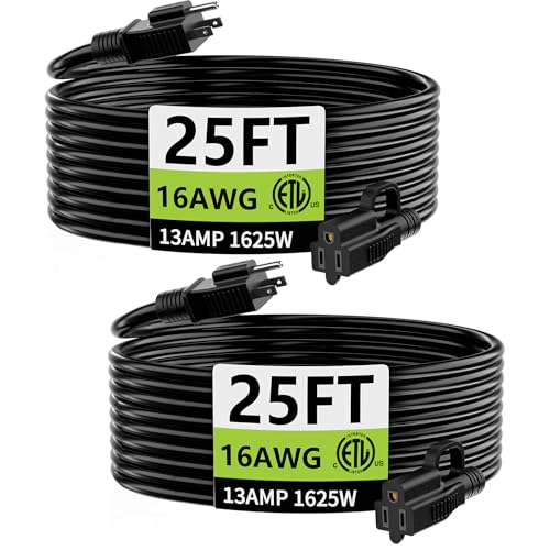 Indoor Outdoor Black Extension Cord 25 ft 2 Pack Waterproof (2 Count)